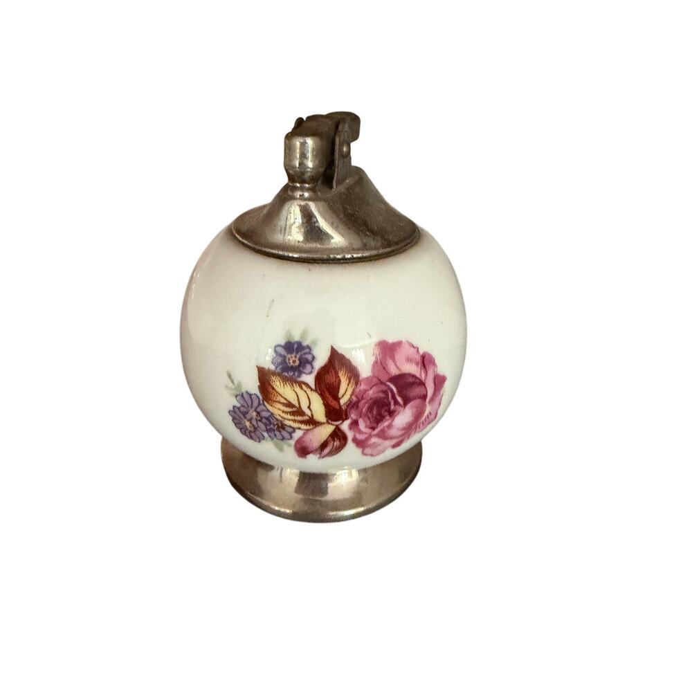 Vintage Floral Brass & Ceramic Table Lighter White